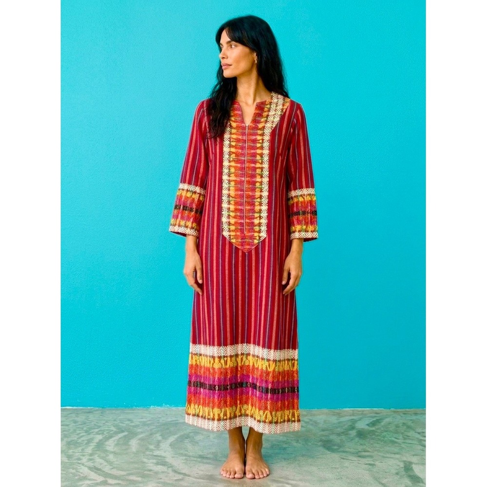 VTG 70s Red Guatemalan Hand Embroidered Boho Small Maxi Dress Rainbow Folk Dress